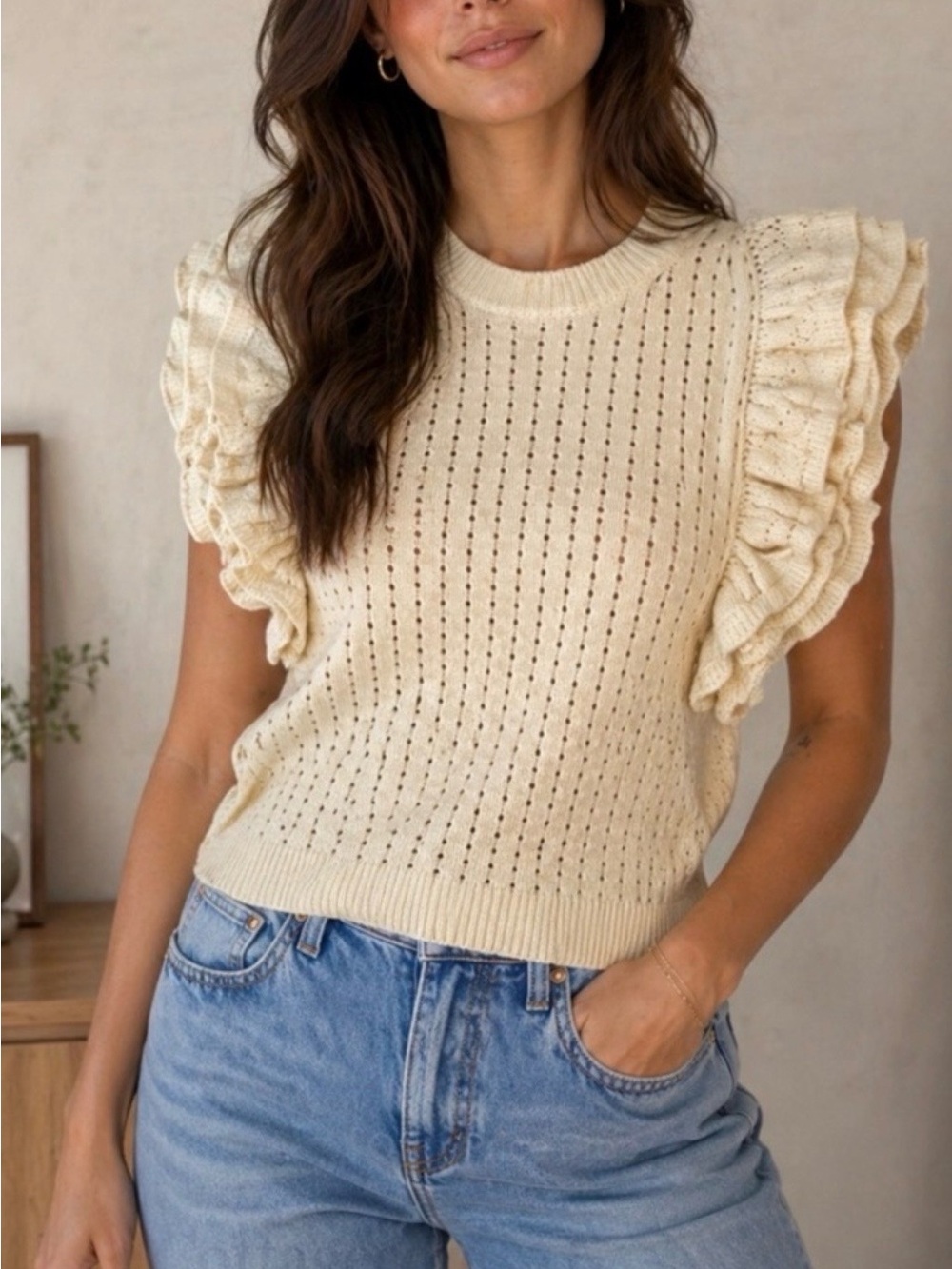Pointelle Cottagecore Sleeveless Sweater  Coastal Cowgirl L